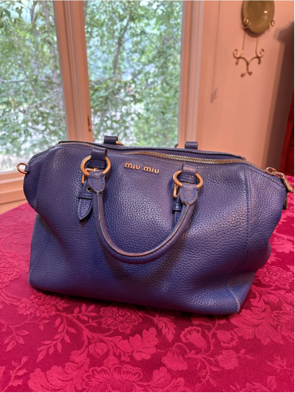 Miu Miu Blue Leather Satchel Bag With Gold Hardware